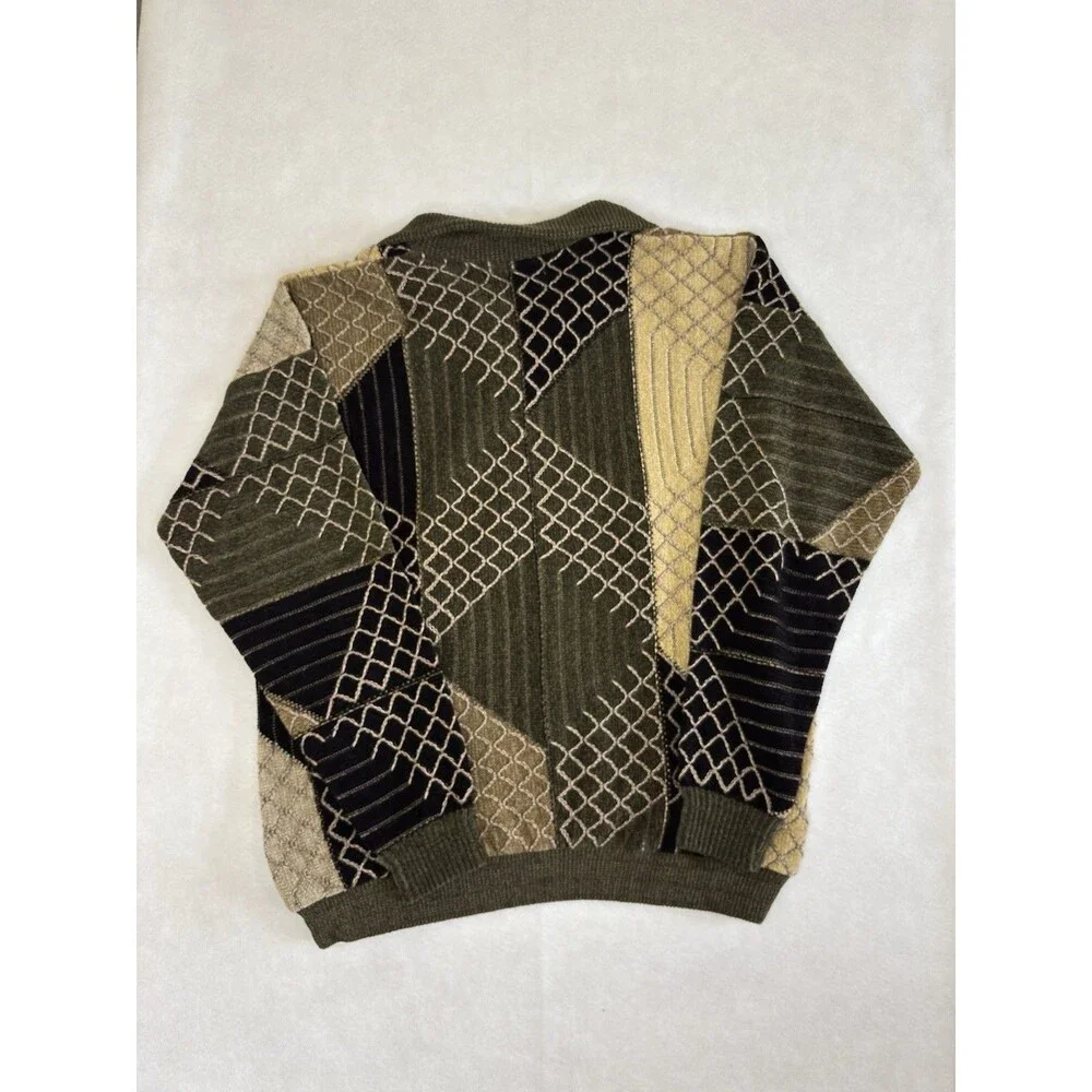 Vintage Tundra Canada 3D Knit Quarter-Zip Sweater Large Green Coogi Style